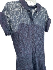 Vtg 1950s Lace Secretary Dress Navy Blue Faux Button Front Fit & Flare 35″ Chest