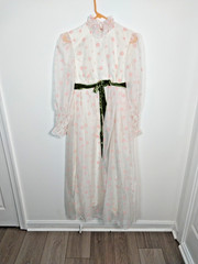 Vtg 70’s Prom Dress White w/ Pink Flocked Roses Green Velvet Belt High Waist