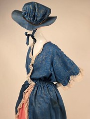 1920’S 3 PC GOLD STENCIL POLONAISE COSTUME DRESS W MATCHING HAT IN 18TH C STYLE