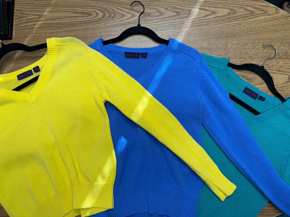Lot Of 3 VINTAGE FANCY THIS vneck Acrylic 80’s Sweaters S Yellow Blue Green
