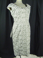 Vtg 50s Grey White Floral Embroidery Bows Back Cocktail Dress-Bust 39/M