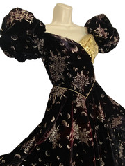 Vintage 1980s velvet moon dress puffed sleeve formal novelty print black gold S
