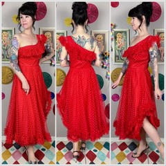 Vintage 1970s Red Polka Dot Ruffled One Shoulder Tulle Dress | 26″-27″ Waist