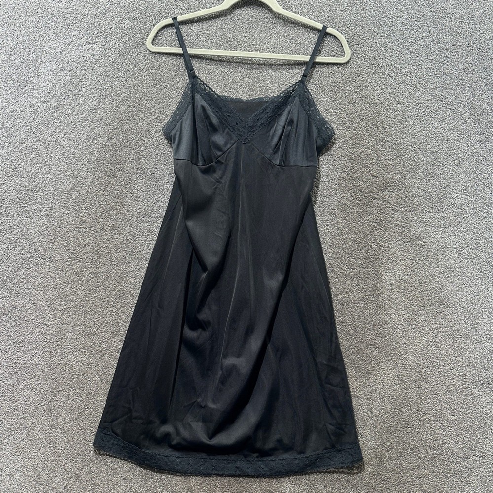 Vintage Vanity Fair Black Lace Trim Full Slip Dress Nylon USA Made Size 38