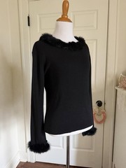 Vintage Joseph A. Black Silk Sweater with Genuine Fur Trim – Large