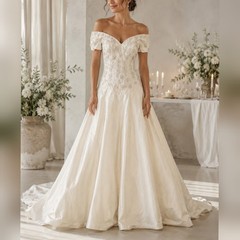 Demetrios Vintage 80s 90s Ivory Taffeta Lace Off Shoulder Wedding Dress sz 10