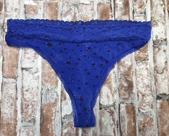 SAVAGE X FENTY Cotton Essential String Thong Panty Med Blue Stars Trim Lace