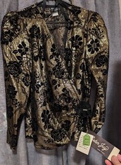 Vintage 80s Disco Gold Black Velvet Puff Sleeve Top Mister Jay Size S with TAGS