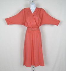 VTG 1970s 80s ITEMS CALIFORNIA DRESS & BELT CORAL COLOR RAYON FLAX FABRIC BELT