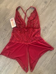 Vintage Shirley of Hollywood Open Crotch Teddy Romper Size M Red Lace New W/tag