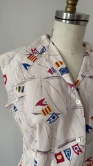 1940s 50s Sailboat Novelty Print Sailcloth Cotton Sportswear Blouse Fitted M/L