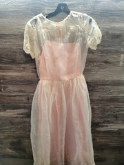 VTG 70s Party Tea Dress Women Bridesmaid Chiffon Peach White Coquette