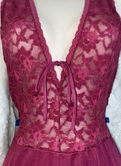 Vtg L XL Cranberry Silky Nylon All Lace Halter Top T Back Nightgown Negligee