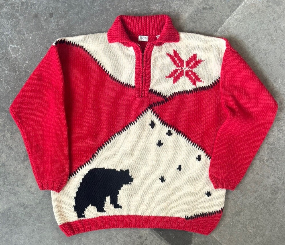 Vtg Espirit Sport 100% Wool Red Bear Snowflake Quarter Zip Sweater. Size M.