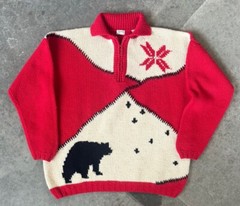 Vtg Espirit Sport 100% Wool Red Bear Snowflake Quarter Zip Sweater. Size M.
