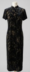 Vintage 90’s Black Velvet Gold Dogwood Asian Frog Maxi Dress M Petite Back Slit