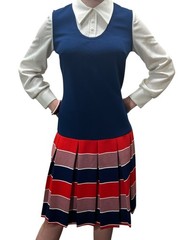 Vtg 60s 14 Sz M~L Dress Red White blue Textured Poly Drop Waist Dagger Collar