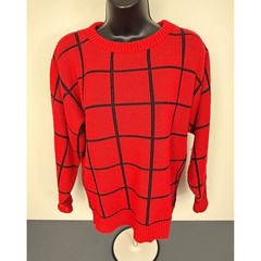 Michelle Stuart Women’s Grid Pattern Retro Pullover Sweater Red Medium USA Made