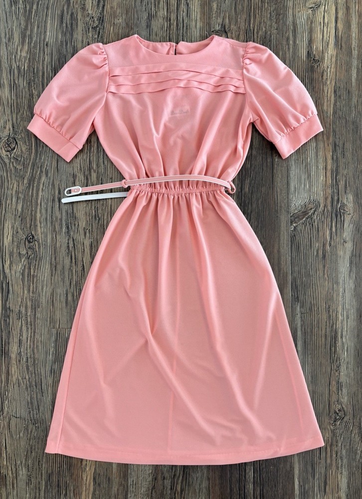 Vtg Doo-Dads Secretary Dress 7/8 Peach Semi-Sheer Elastic Waist w/Belt Cottage