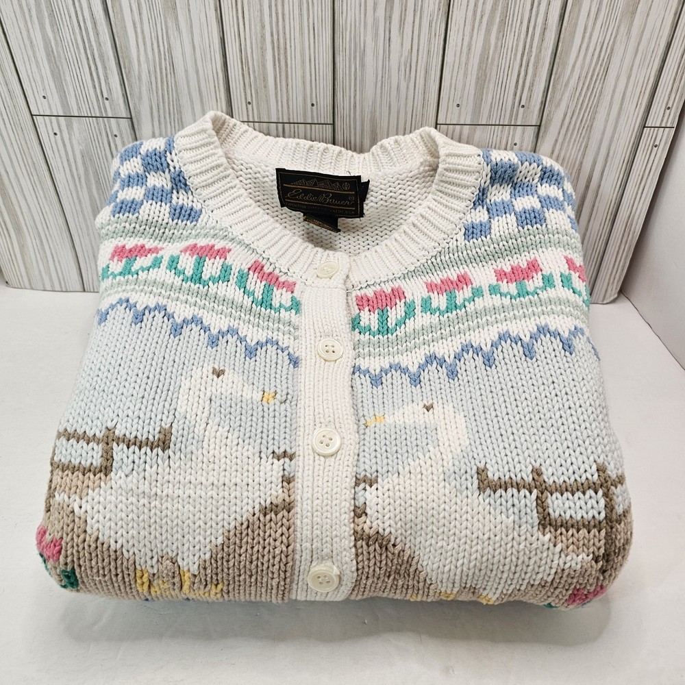VTG EDDIE BAUER Sweater Womens Med DUCK GOOSE GEESE Hearts Flowers Cardigan