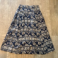 Anna and Frank Navy Blue Floral 100% Silk Button Front Midi Skirt Large Vintage