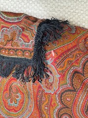 Antique Paisley Tapestry Kashmir Robe or Jacket Red Orange Fringe AS IS