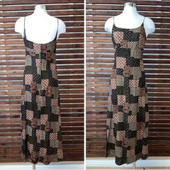Vintage 1990s 90s Patchwork Print Brown Spaghetti Strap Grunge CTME Dress 3/4