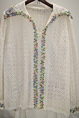 J9 vintage Home Sewn Off White Eyelet Cotton Skirt Blouse Pastel Embroidery Trim