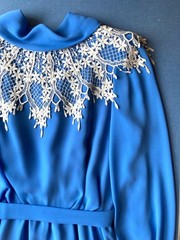 Vintage 80s Lace Collar Secretary Midi Dress, Blue, Small, 36″ Chest