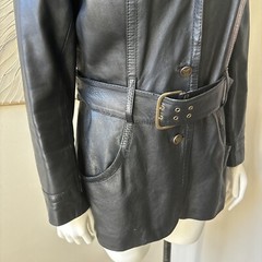 Vintage 1960s 1970s CAROL BRENT Black Leather Belted JACKET COAT Size 12