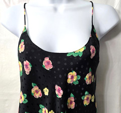 Jo Intimates Satin Slip Dress L Ruffle Knee Length Black Floral Pink Vintage 90s