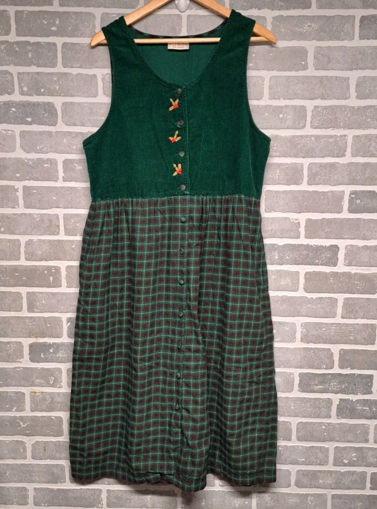 Vintage Susan Bristol Dress Cottage Core Pockets Green Plaid Buttons SIZE 12