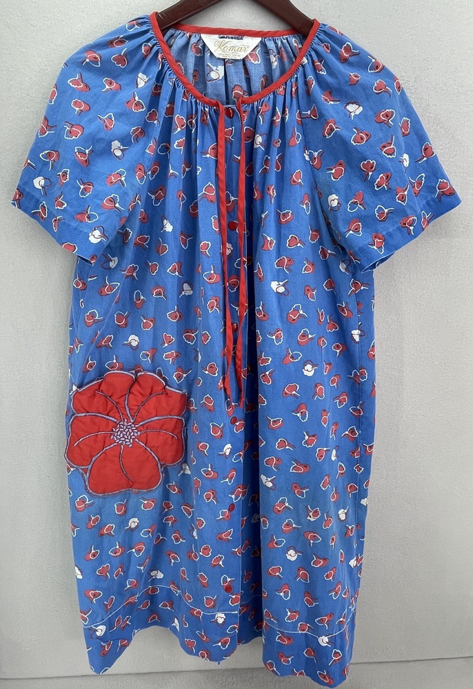 Muumuu Dress Komar Large Blue Floral 70s Lounge Wear Pocket VTG No Size Tag