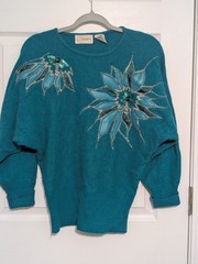 Vintage 80s Cedars Teal Lambswool Angora Sequin Embellished Sweater Womens Sz M