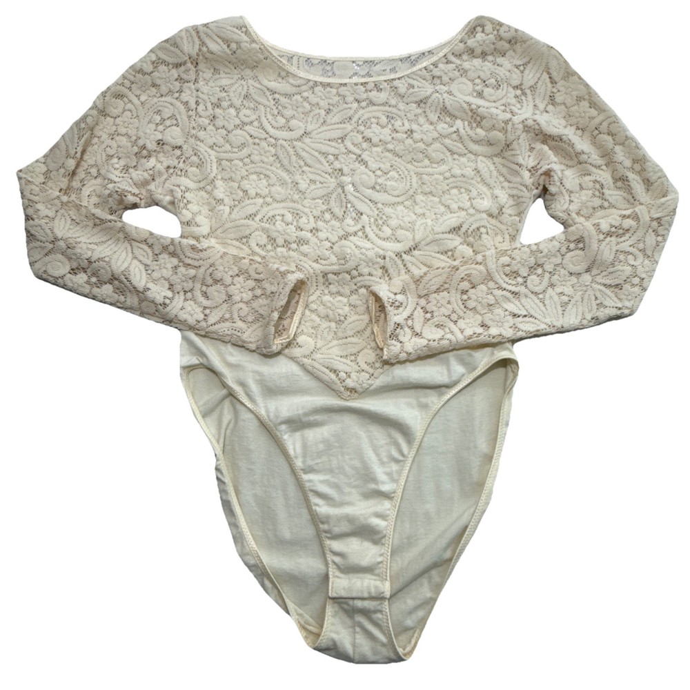 Vintage Victoria’s Secret Lace Bodysuit Ivory Sheer Long Sleeve USA Small