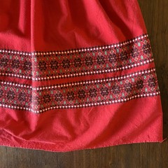 1950s Red Cotton Embroidered Folk border Dress Full Skirt Sleeveless pleated