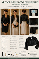 Vintage House of Wu Black Satin Bolero Jacket Open Front Formal Shrug Size 16