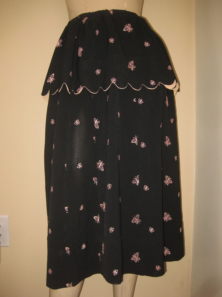 Vintage 50s Black Pink Butterfly Embroidered Sexy Peplum Waist Girly-Girl Flared
