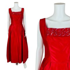 Vintage 1960s Satin Ball Gown Hot Pink Sequins Formal Dress W 29″