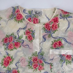 Vintage JO Intimates Floral Damask Pajama Top Medium Pink Rose Blue Ribbon Cream
