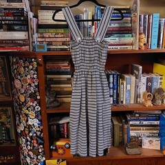 Vintage homemade black and white striped dress with elastic stretchy top.