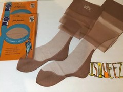 3 PAIRS 8 1/2 X 29” SEAMED F/F FLAT KNIT VINTAGE 15DEN NYLON STOCKINGS CHAMPAGNE