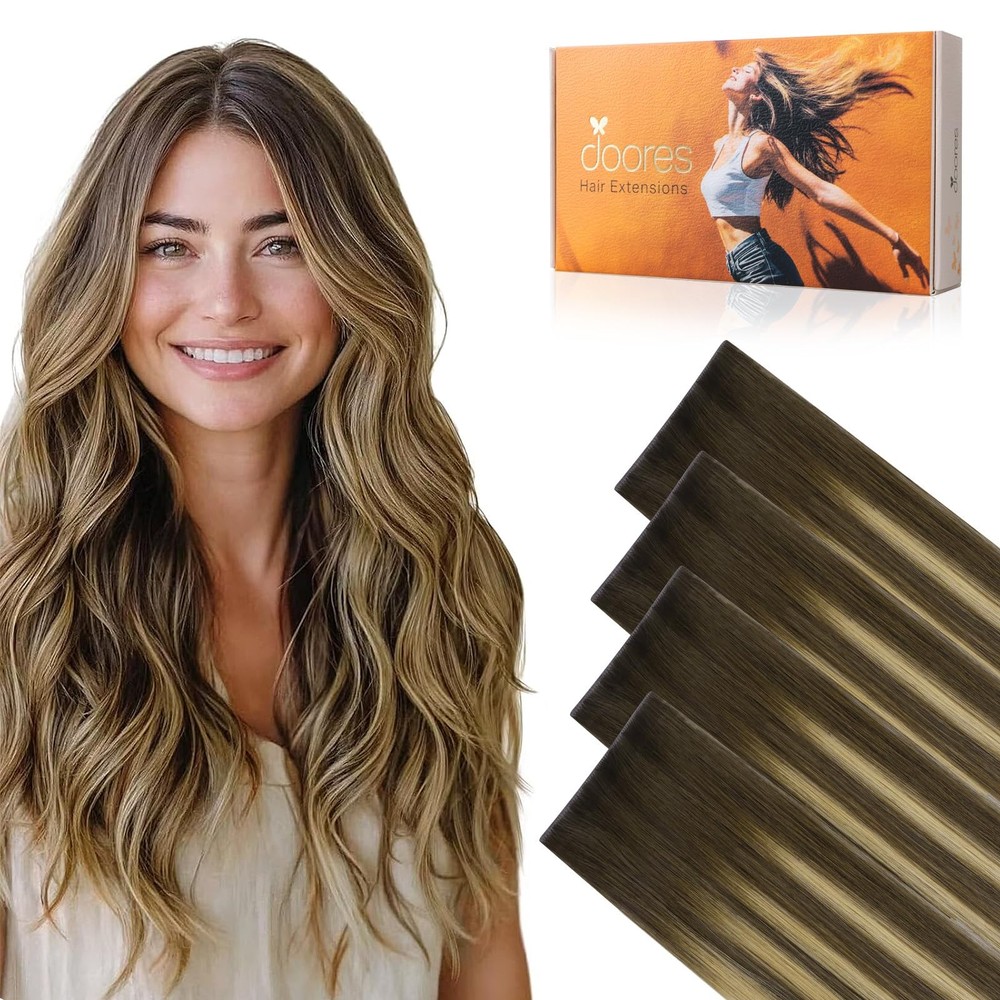 DOORES Invisi Edge Tape in Wide Hair Extensions Human Hair, Chocolate Brown to C