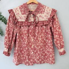 Vtg Blouse Red Floral Prairie Farmcore Ruffle Tie Neck Cottagecore Long Sleeve