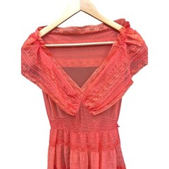 1950s Vanity Fair Nightgown Coral Lace Portrait Collar Mid-Century Glamour 34