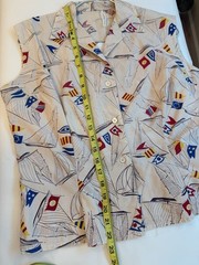 1940s 50s Sailboat Novelty Print Sailcloth Cotton Sportswear Blouse Fitted M/L