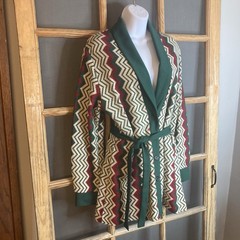 VTG Retro 70’s Women’s Red Green Cream Long Sweater Coat No Labels With Belt