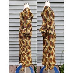 Vintage Wax Cotton Skirt Set Orange Yellow Peacock Print Ruffle Sleeve Large