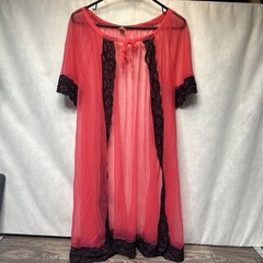 Vintage Hot Pink Sheer Lace Chiffon Robe Boudoir Lingerie M