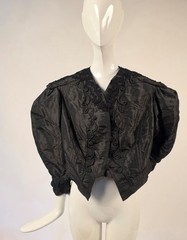 GOTHIC EDWARDIAN BLACK SILK TAFFETA PUFF SLEEVE JACKET W LACE + PIPING